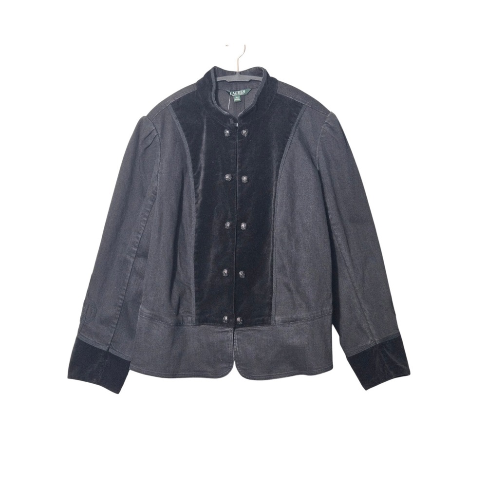 Ralph Lauren Velvet Trim Military Denim Jacket 16W Black Old Money Regency NWT